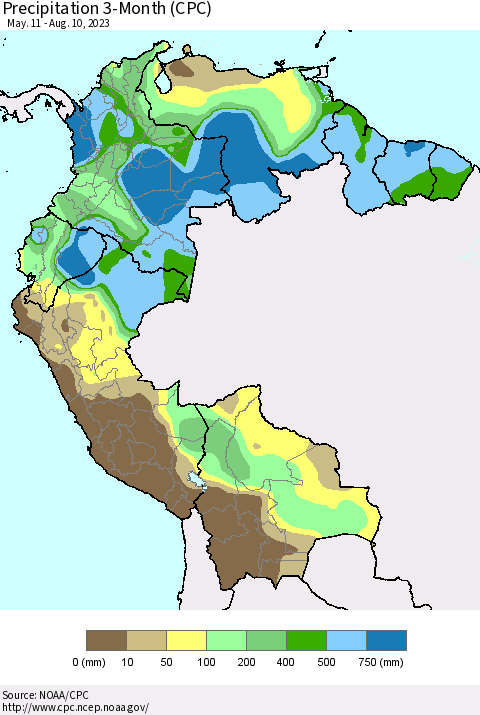 Northern South America Precipitation 3-Month (CPC) Thematic Map For 5/11/2023 - 8/10/2023