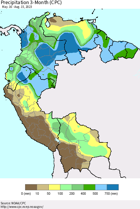 Northern South America Precipitation 3-Month (CPC) Thematic Map For 5/16/2023 - 8/15/2023