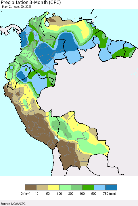 Northern South America Precipitation 3-Month (CPC) Thematic Map For 5/21/2023 - 8/20/2023