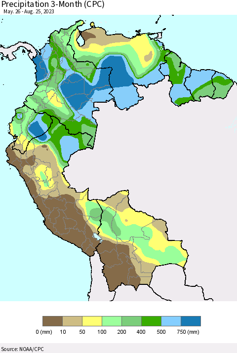 Northern South America Precipitation 3-Month (CPC) Thematic Map For 5/26/2023 - 8/25/2023