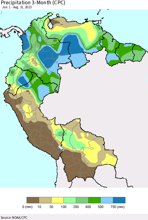 Northern South America Precipitation 3-Month (CPC) Thematic Map For 6/1/2023 - 8/31/2023