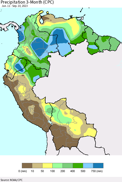 Northern South America Precipitation 3-Month (CPC) Thematic Map For 6/11/2023 - 9/10/2023