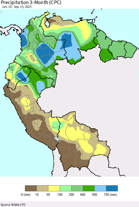Northern South America Precipitation 3-Month (CPC) Thematic Map For 6/16/2023 - 9/15/2023
