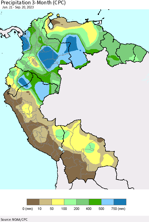 Northern South America Precipitation 3-Month (CPC) Thematic Map For 6/21/2023 - 9/20/2023