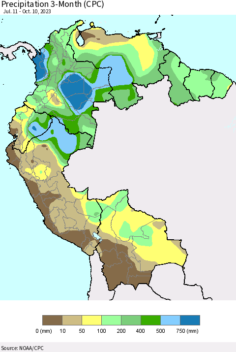 Northern South America Precipitation 3-Month (CPC) Thematic Map For 7/11/2023 - 10/10/2023