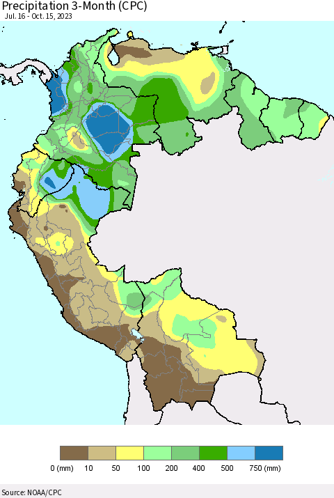 Northern South America Precipitation 3-Month (CPC) Thematic Map For 7/16/2023 - 10/15/2023
