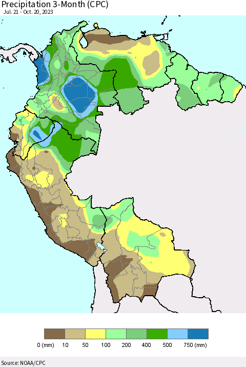 Northern South America Precipitation 3-Month (CPC) Thematic Map For 7/21/2023 - 10/20/2023