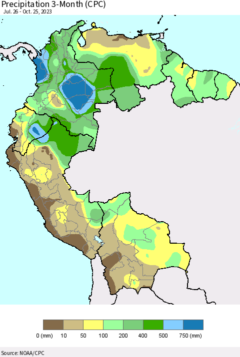Northern South America Precipitation 3-Month (CPC) Thematic Map For 7/26/2023 - 10/25/2023