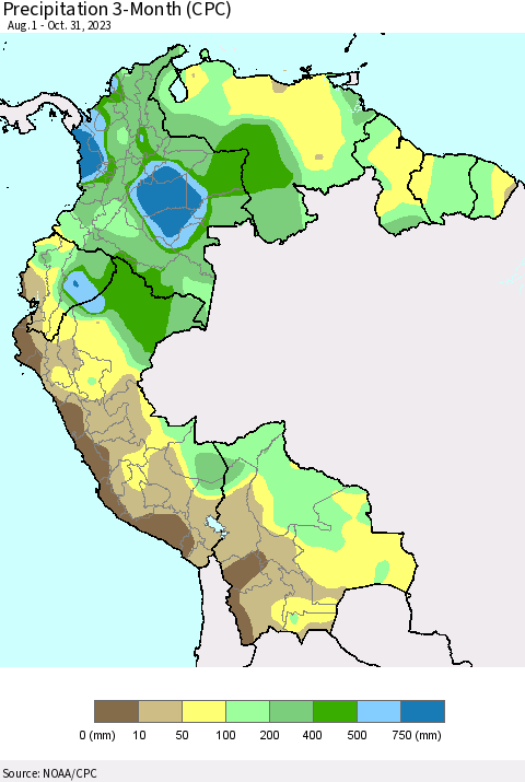 Northern South America Precipitation 3-Month (CPC) Thematic Map For 8/1/2023 - 10/31/2023