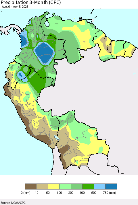 Northern South America Precipitation 3-Month (CPC) Thematic Map For 8/6/2023 - 11/5/2023