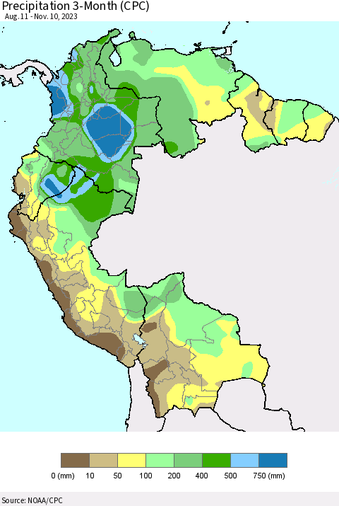 Northern South America Precipitation 3-Month (CPC) Thematic Map For 8/11/2023 - 11/10/2023