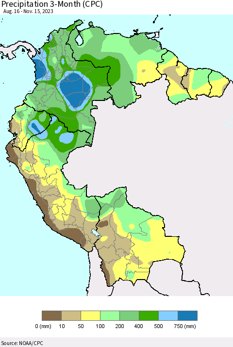Northern South America Precipitation 3-Month (CPC) Thematic Map For 8/16/2023 - 11/15/2023