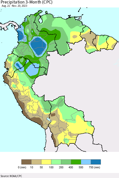 Northern South America Precipitation 3-Month (CPC) Thematic Map For 8/21/2023 - 11/20/2023