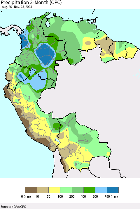 Northern South America Precipitation 3-Month (CPC) Thematic Map For 8/26/2023 - 11/25/2023