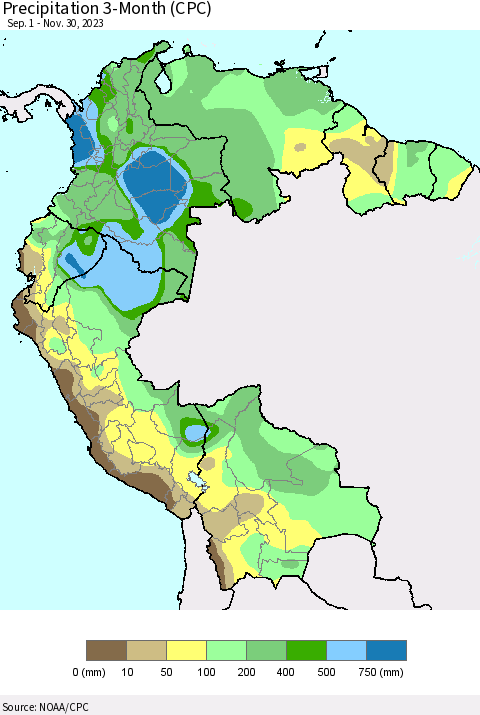 Northern South America Precipitation 3-Month (CPC) Thematic Map For 9/1/2023 - 11/30/2023