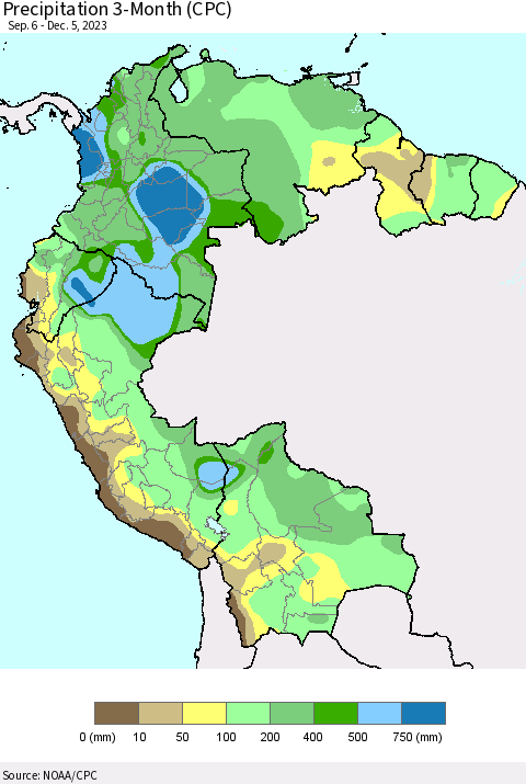 Northern South America Precipitation 3-Month (CPC) Thematic Map For 9/6/2023 - 12/5/2023