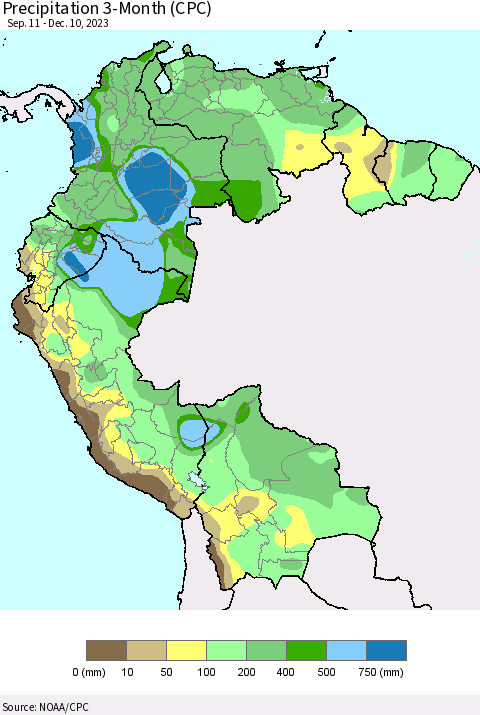Northern South America Precipitation 3-Month (CPC) Thematic Map For 9/11/2023 - 12/10/2023