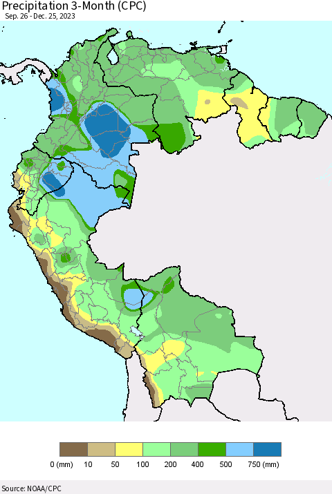 Northern South America Precipitation 3-Month (CPC) Thematic Map For 9/26/2023 - 12/25/2023