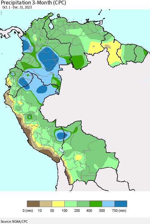Northern South America Precipitation 3-Month (CPC) Thematic Map For 10/1/2023 - 12/31/2023