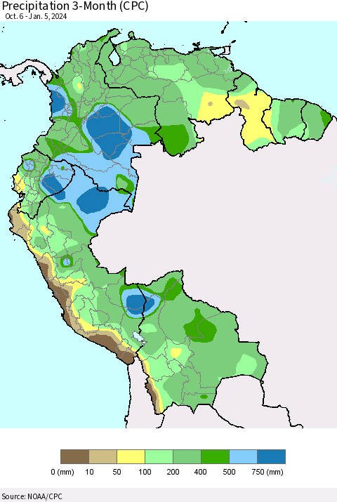 Northern South America Precipitation 3-Month (CPC) Thematic Map For 10/6/2023 - 1/5/2024