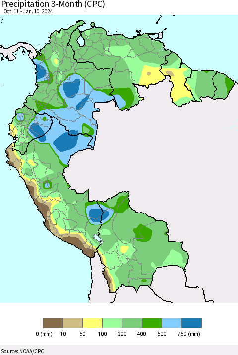 Northern South America Precipitation 3-Month (CPC) Thematic Map For 10/11/2023 - 1/10/2024