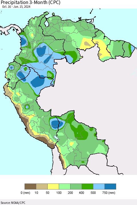 Northern South America Precipitation 3-Month (CPC) Thematic Map For 10/16/2023 - 1/15/2024