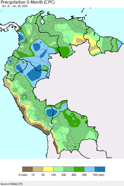 Northern South America Precipitation 3-Month (CPC) Thematic Map For 10/21/2023 - 1/20/2024