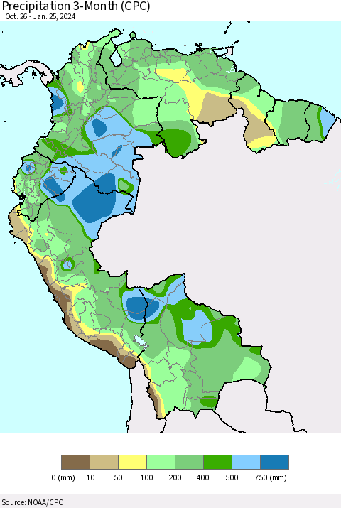 Northern South America Precipitation 3-Month (CPC) Thematic Map For 10/26/2023 - 1/25/2024