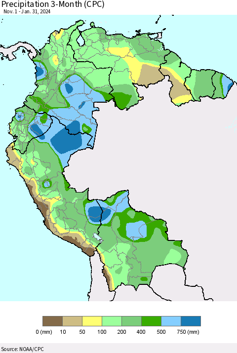 Northern South America Precipitation 3-Month (CPC) Thematic Map For 11/1/2023 - 1/31/2024