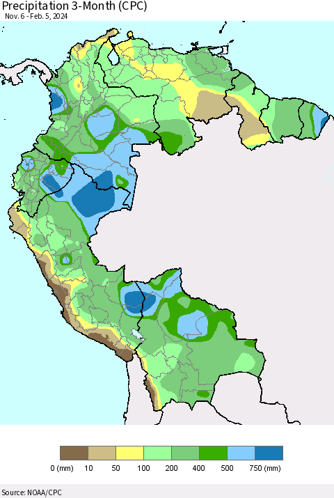 Northern South America Precipitation 3-Month (CPC) Thematic Map For 11/6/2023 - 2/5/2024