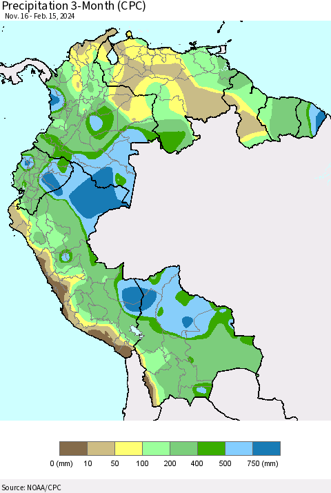 Northern South America Precipitation 3-Month (CPC) Thematic Map For 11/16/2023 - 2/15/2024