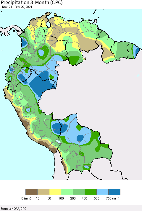 Northern South America Precipitation 3-Month (CPC) Thematic Map For 11/21/2023 - 2/20/2024