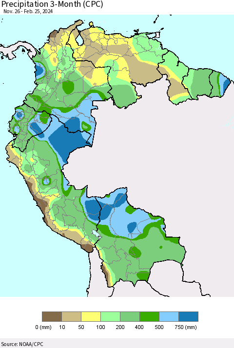 Northern South America Precipitation 3-Month (CPC) Thematic Map For 11/26/2023 - 2/25/2024