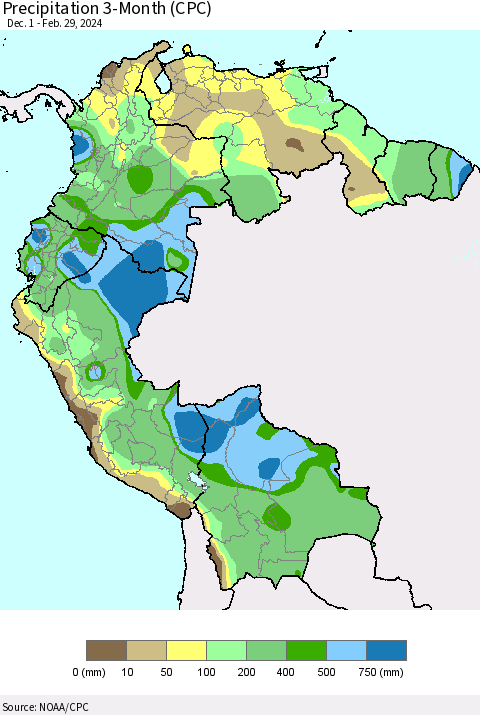 Northern South America Precipitation 3-Month (CPC) Thematic Map For 12/1/2023 - 2/29/2024