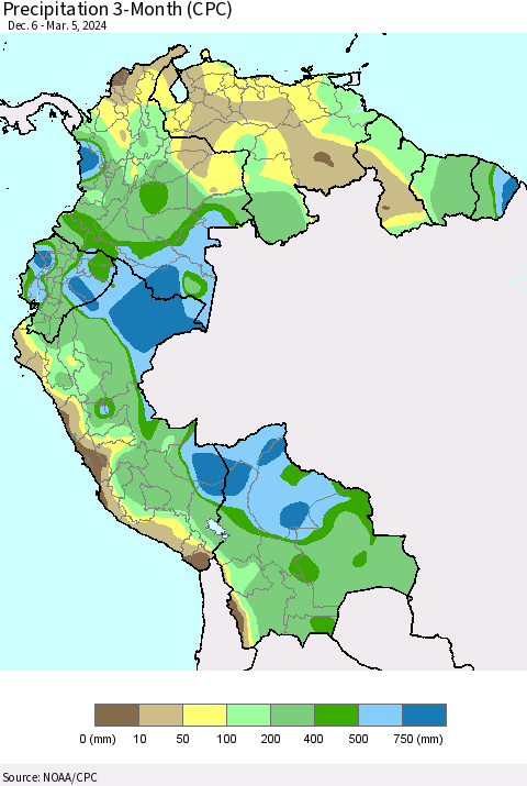 Northern South America Precipitation 3-Month (CPC) Thematic Map For 12/6/2023 - 3/5/2024
