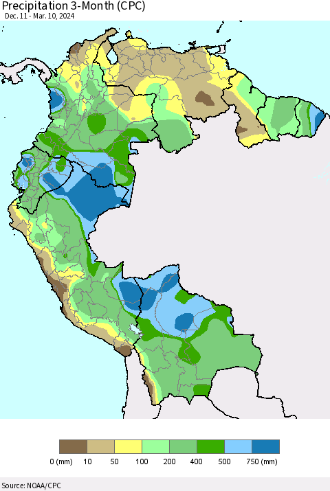 Northern South America Precipitation 3-Month (CPC) Thematic Map For 12/11/2023 - 3/10/2024