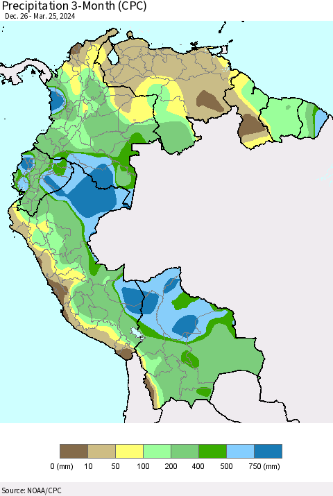 Northern South America Precipitation 3-Month (CPC) Thematic Map For 12/26/2023 - 3/25/2024