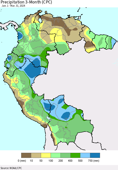Northern South America Precipitation 3-Month (CPC) Thematic Map For 1/1/2024 - 3/31/2024