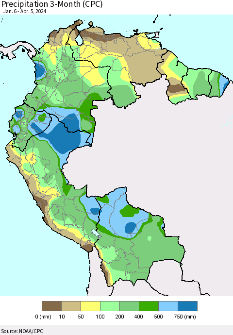 Northern South America Precipitation 3-Month (CPC) Thematic Map For 1/6/2024 - 4/5/2024