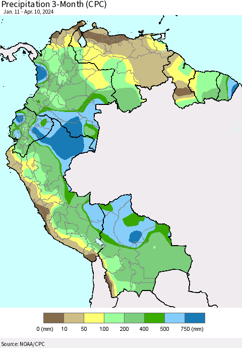 Northern South America Precipitation 3-Month (CPC) Thematic Map For 1/11/2024 - 4/10/2024