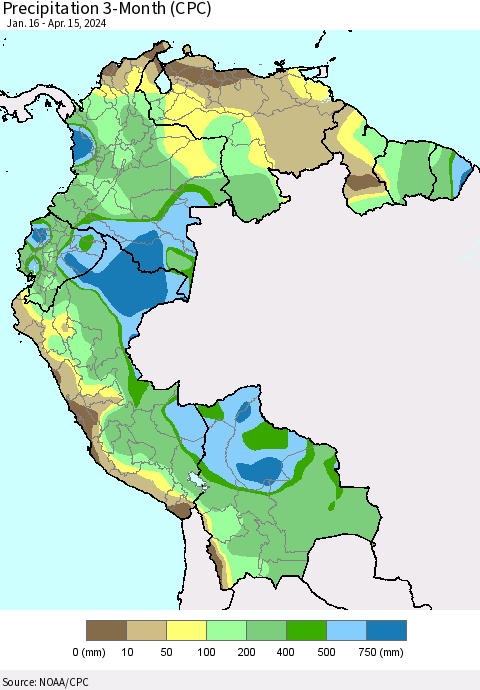 Northern South America Precipitation 3-Month (CPC) Thematic Map For 1/16/2024 - 4/15/2024