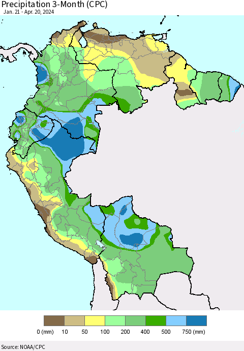 Northern South America Precipitation 3-Month (CPC) Thematic Map For 1/21/2024 - 4/20/2024