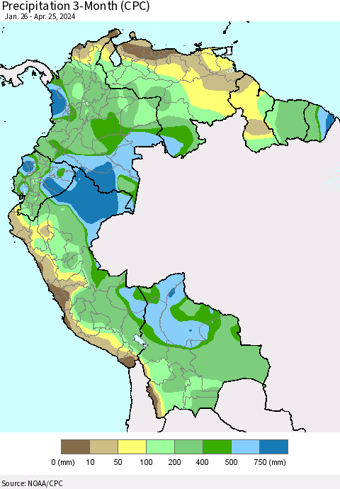 Northern South America Precipitation 3-Month (CPC) Thematic Map For 1/26/2024 - 4/25/2024