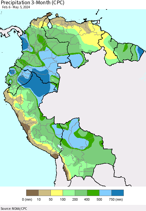 Northern South America Precipitation 3-Month (CPC) Thematic Map For 2/6/2024 - 5/5/2024