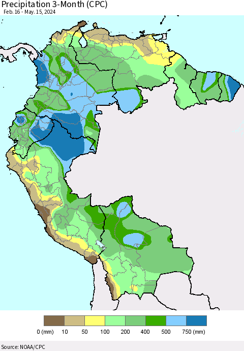 Northern South America Precipitation 3-Month (CPC) Thematic Map For 2/16/2024 - 5/15/2024
