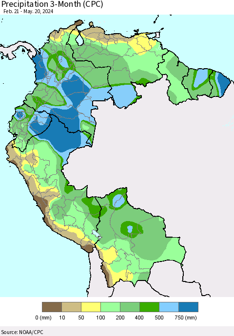 Northern South America Precipitation 3-Month (CPC) Thematic Map For 2/21/2024 - 5/20/2024