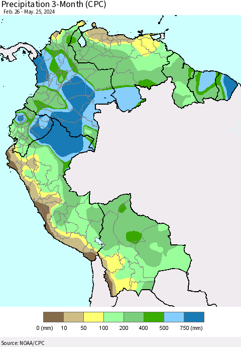 Northern South America Precipitation 3-Month (CPC) Thematic Map For 2/26/2024 - 5/25/2024