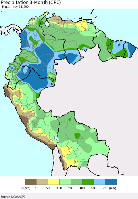 Northern South America Precipitation 3-Month (CPC) Thematic Map For 3/1/2024 - 5/31/2024