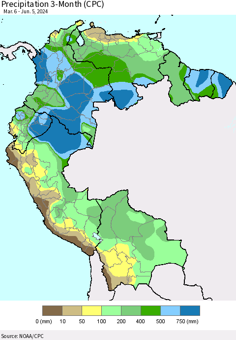 Northern South America Precipitation 3-Month (CPC) Thematic Map For 3/6/2024 - 6/5/2024