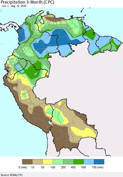Northern South America Precipitation 3-Month (CPC) Thematic Map For 6/1/2024 - 8/31/2024
